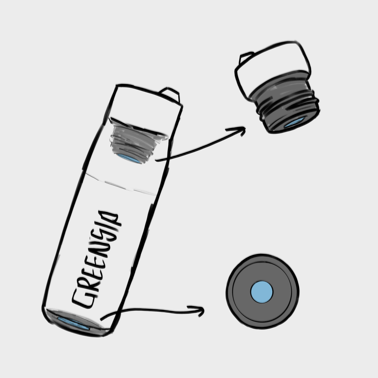 Dibuix d’una ampolla en un fons gris clar, mostrant els sensors que té: un a la part de la tapa i un altre a la base de l’ampolla.