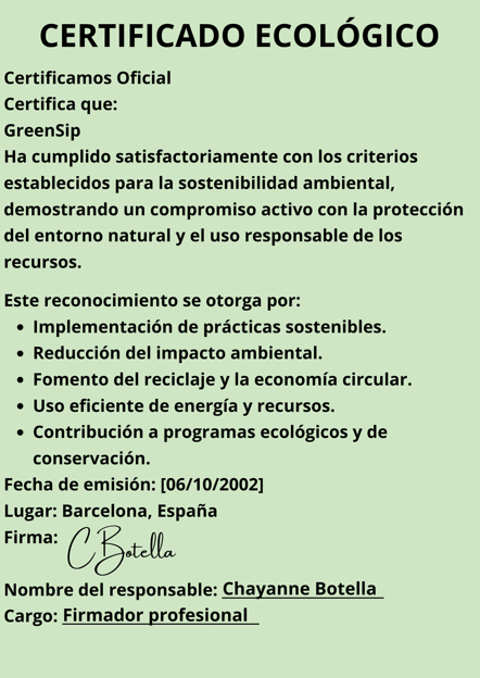 Fulla verda del certificat ecològic de la marca "GreenSip".